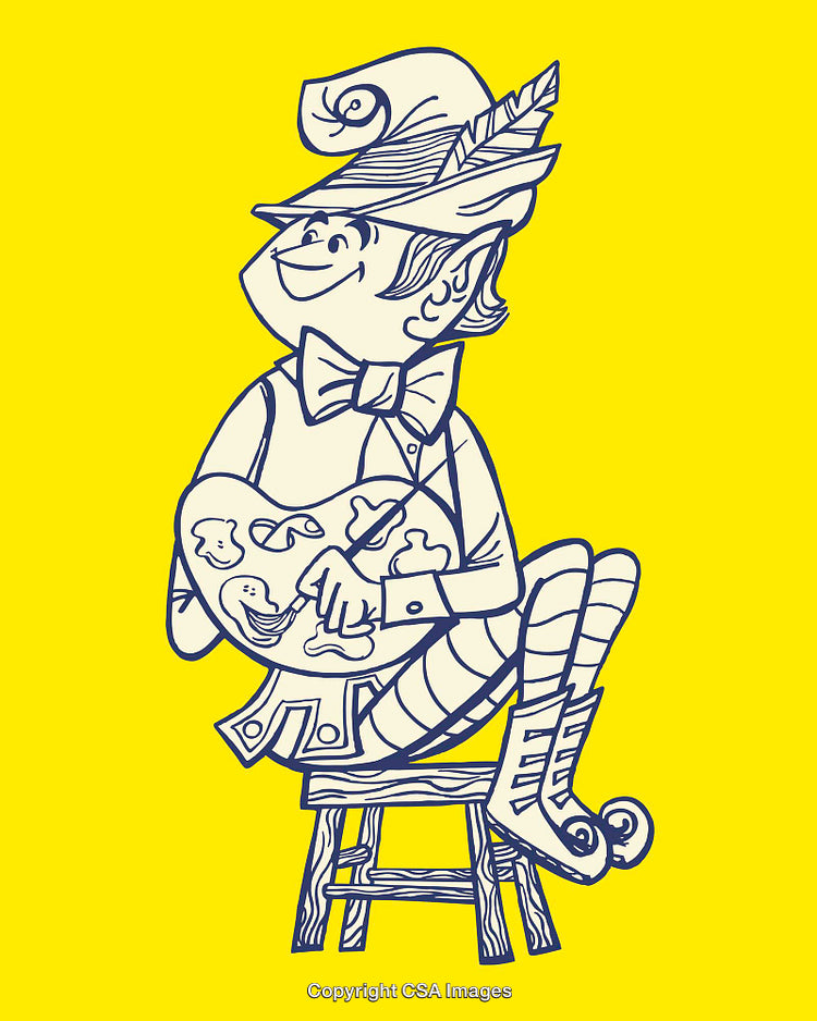 Whimsical Elf Artist Painting with Bright Yellow Background Illustration