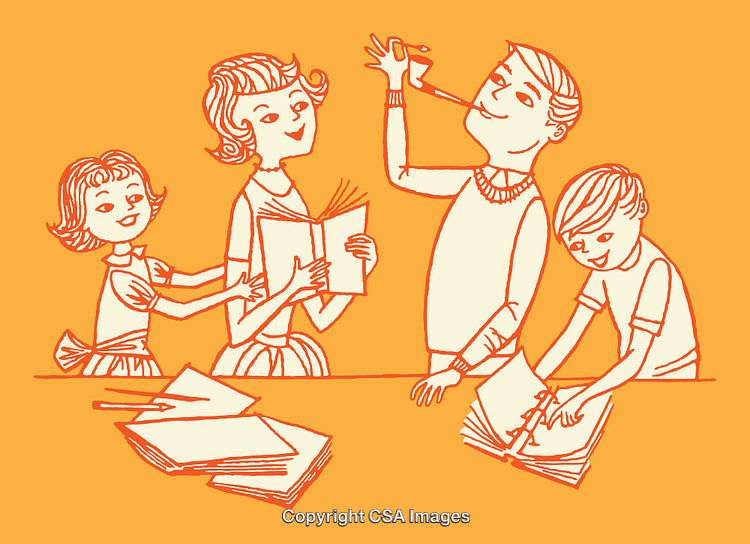 Family Enjoying Creative Activities Together in Retro Line Art Illustration