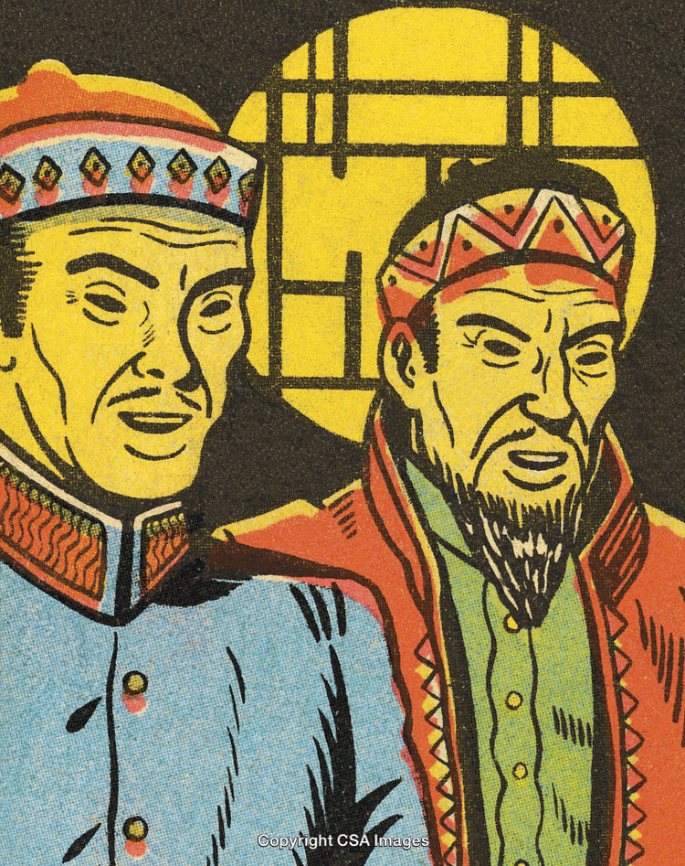 Illustrated Portrait of Two Men in Traditional Clothing with Geometric Background Design