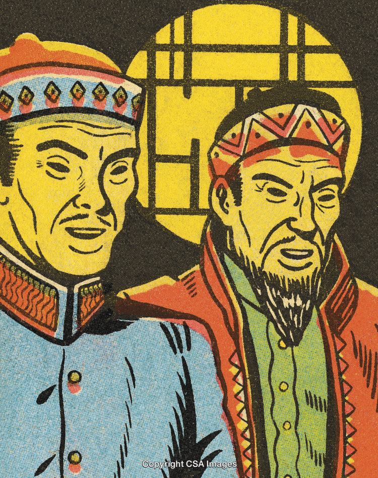 Illustrated Portrait of Two Men in Traditional Clothing with Geometric Background Design