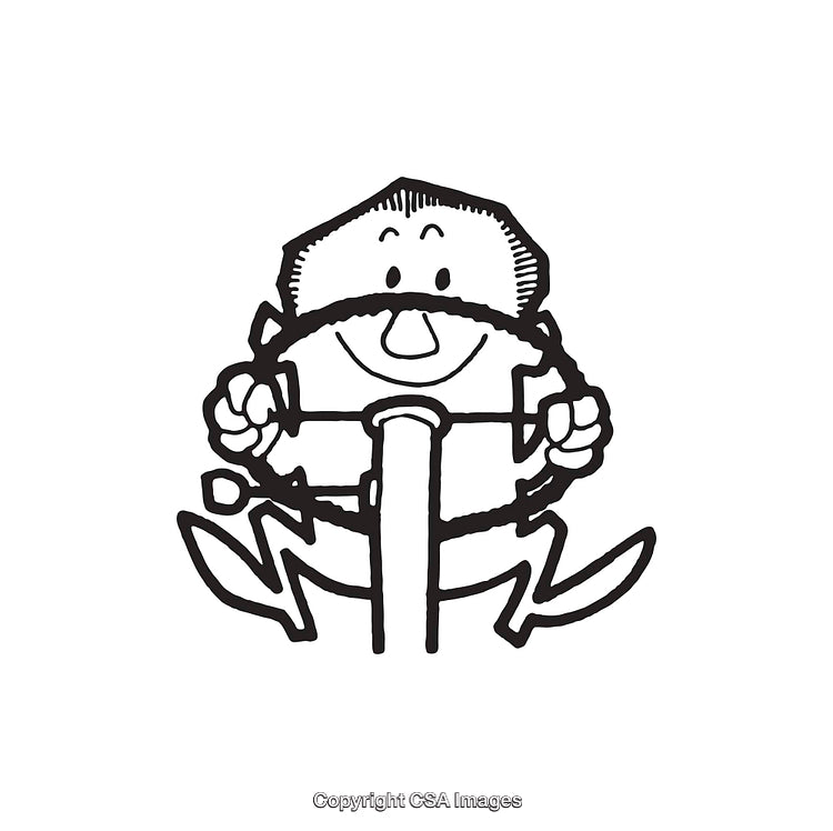Black and White Illustration of a Smiling Character Driving a Steering Wheel