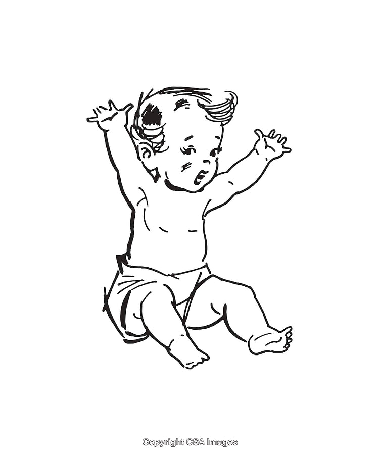 Black And White Line Art Illustration of a Happy Sitting Infant
