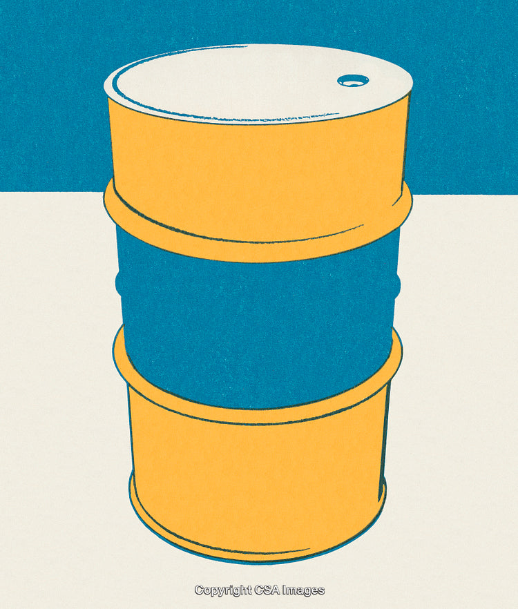 Vivid Illustration of a Metal Industrial Barrel in Bold Yellow and Blue