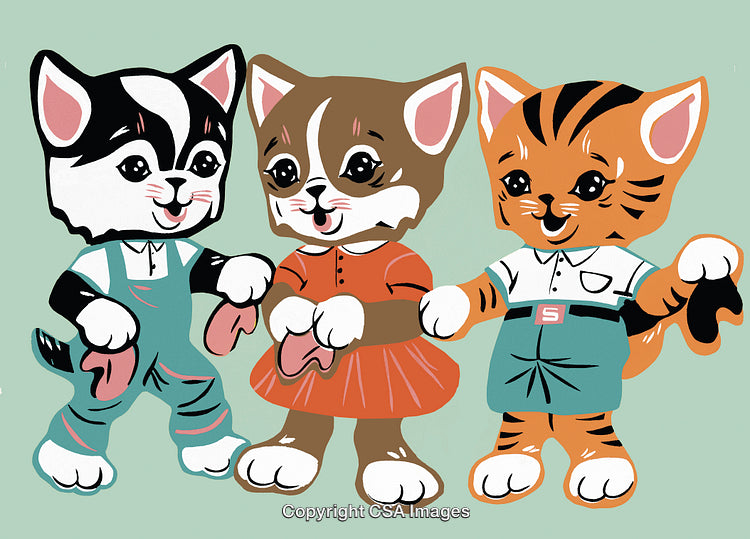 Three Adorable Cartoon Cats Holding Mittens in a Vintage Artistic Style