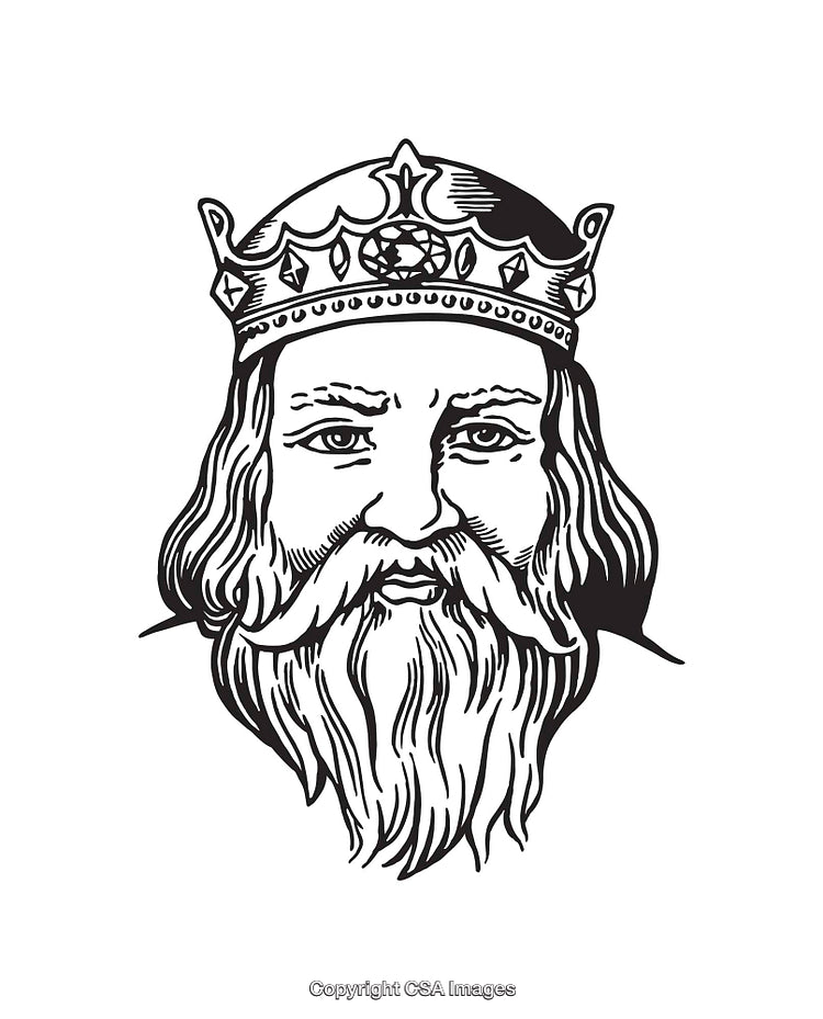 Black and White Line Art of a Crowned King with a Beard