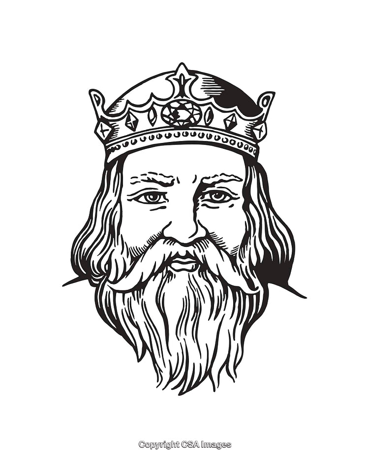 Black and White Line Art of a Crowned King with a Beard