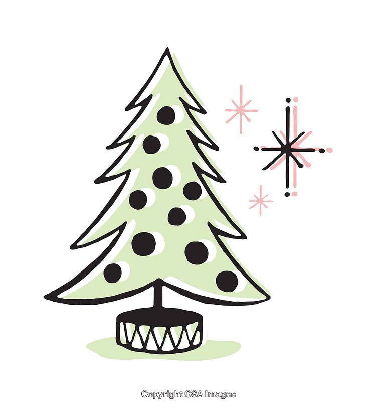 Stylized Green Christmas Tree Illustration with Black and Pink Accents