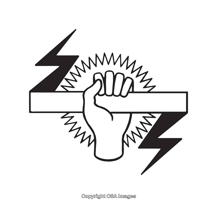 Black and White Line Art of Fist Holding a Rectangular Object with Lightning