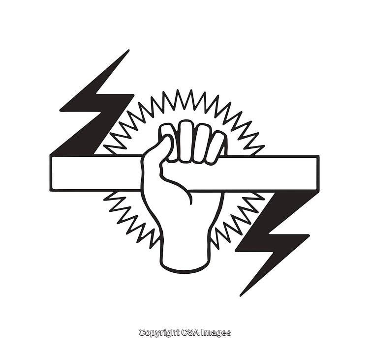 Black and White Line Art of Fist Holding a Rectangular Object with Lightning