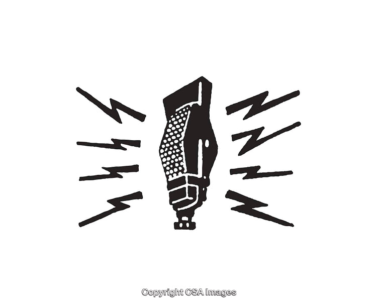 Retro Black and White Microphone Illustration with Lightning Accents