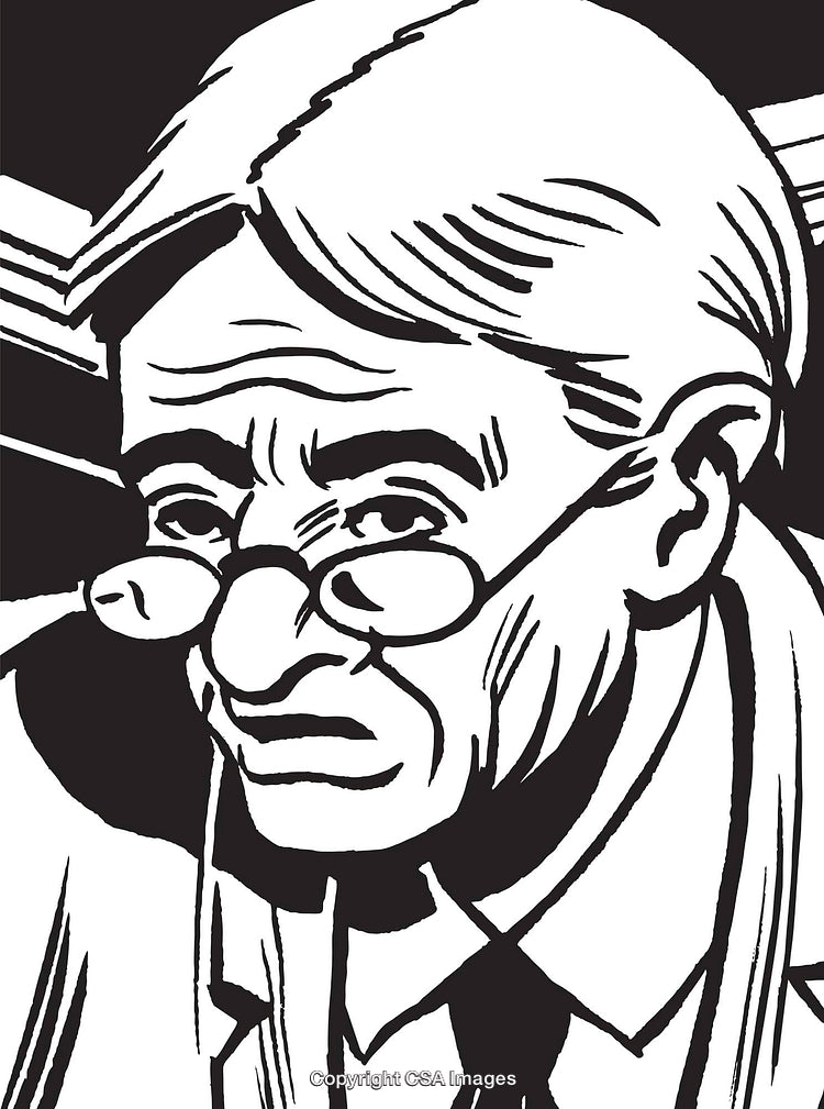 Black and White Hand-Drawn Portrait of an Elderly Man Wearing Glasses