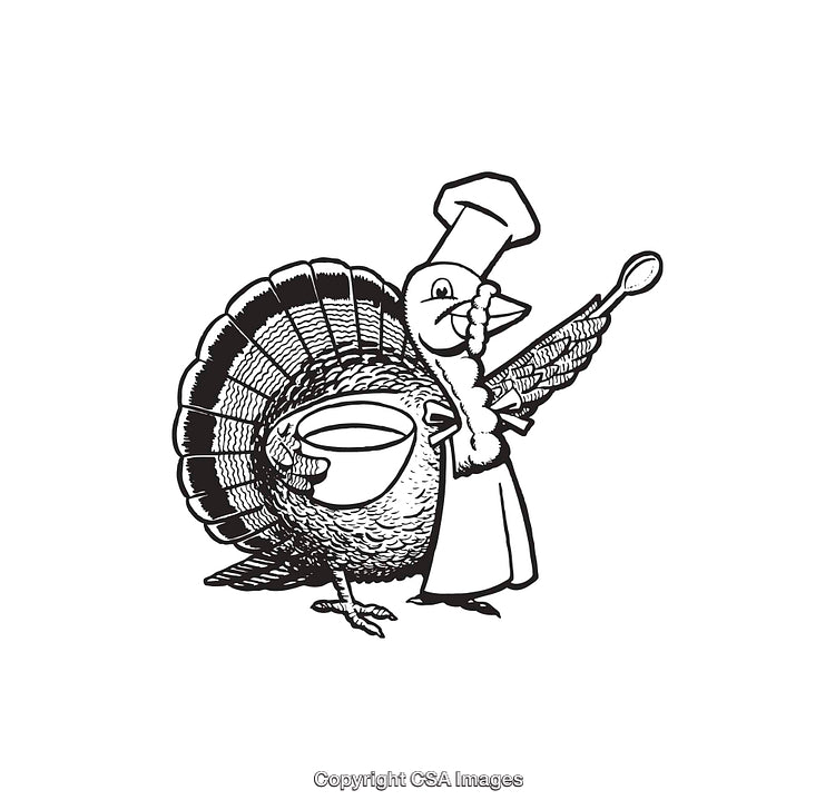Chef Turkey Illustration with Spoon and Bowl in Black and White Line Art