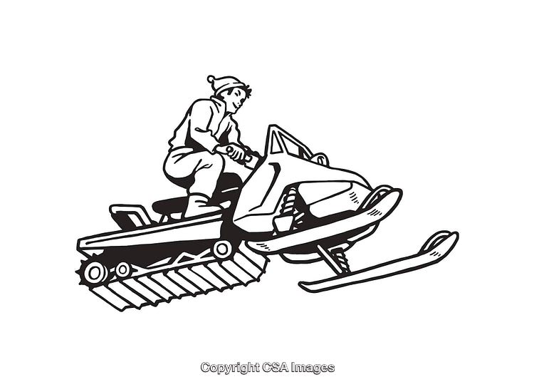 Black and White Line Art of a Snowmobiler Riding Through Snow