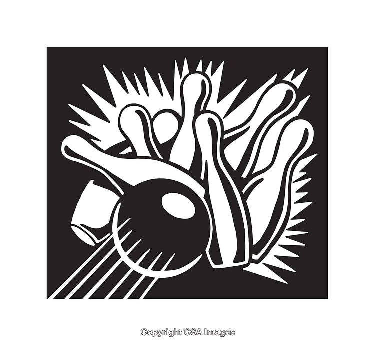 Dynamic Bowling Scene in Black and White Line Art Style