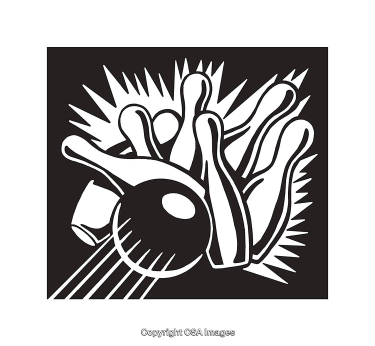 Dynamic Bowling Scene in Black and White Line Art Style