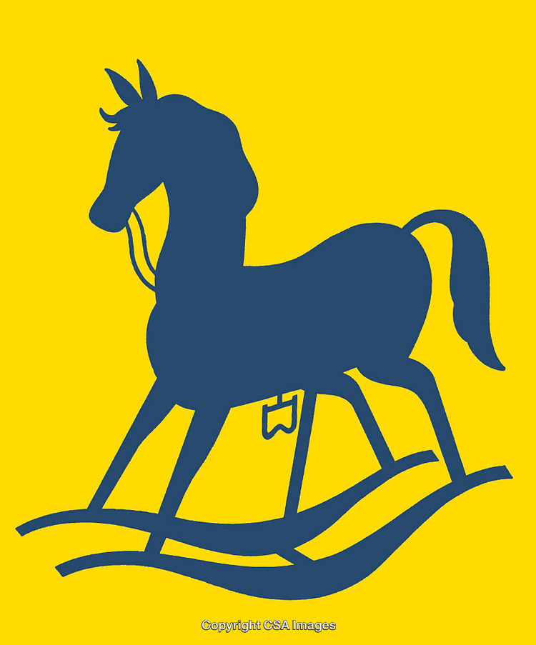 Blue Rocking Horse Silhouette on Bright Yellow Background