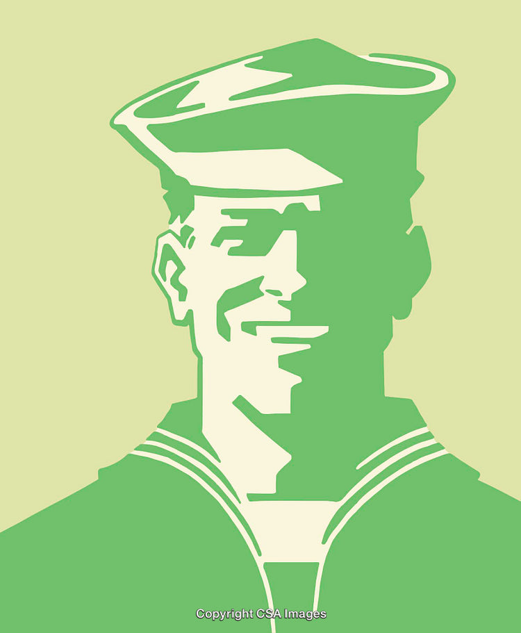 Stylized Green and Beige Illustration of a Smiling Sailor