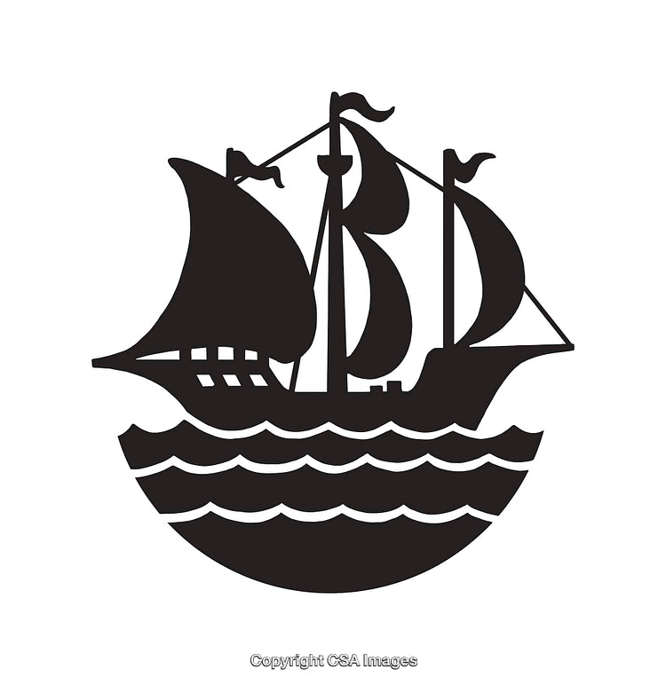 Black And White Line Art Illustration of a Sailing Ship on Ocean Waves
