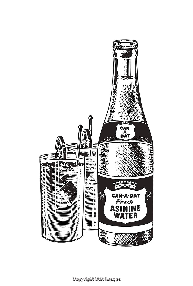 Black and White Line Art of Beverage Bottle and Glasses