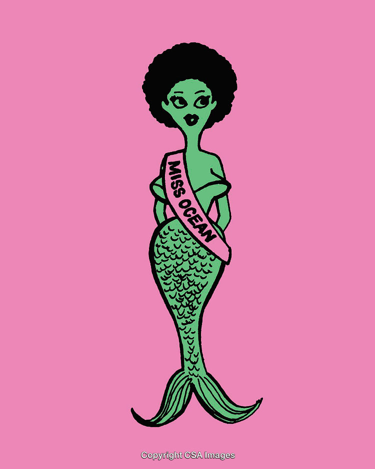 Colorful Mermaid Illustration Featuring Miss Ocean on a Pink Background