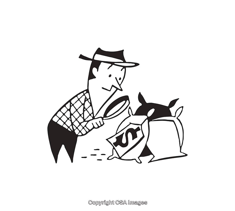 Investigation of Hidden Cash with Magnifying Glass in Black and White Art