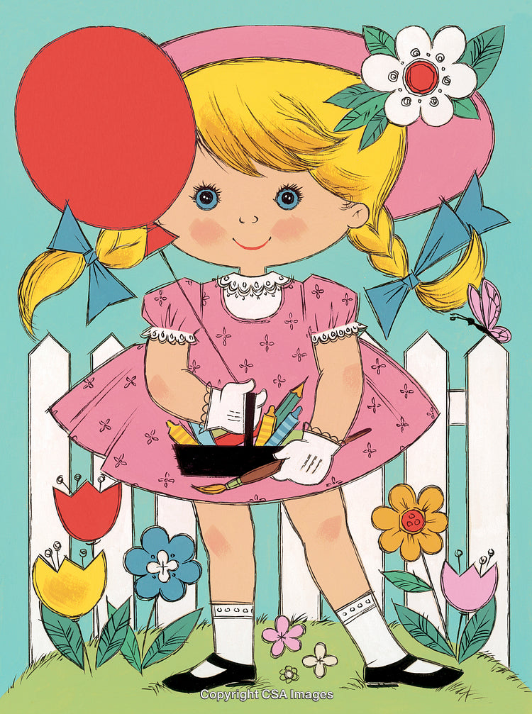 Whimsical Illustration of Girl with Basket in Flower Garden