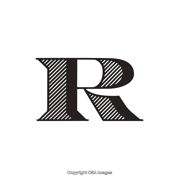 Bold Stylized Letter R with Diagonal Stripes in Black and White