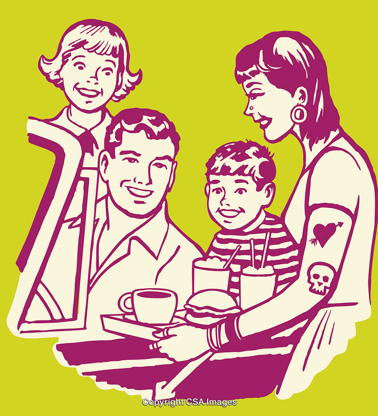 Retro Family Receiving Drive-In Diner Service from Waitress Scene
