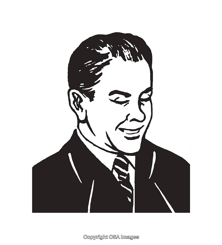 Black and White Illustration of Smiling Man in Formal Business Attire