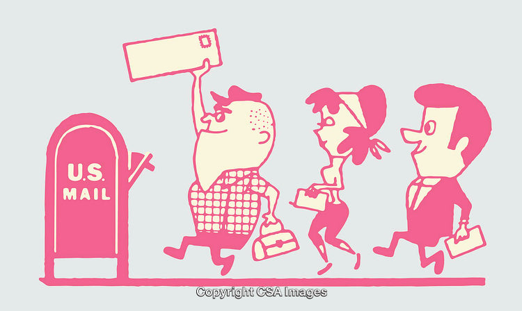 Retro Line Art Depicting Mail Delivery and Daily Activities