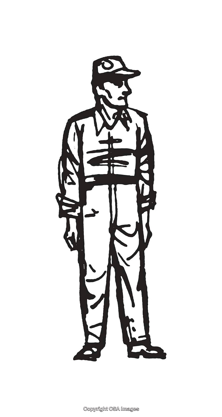 Black and White Line Art Drawing of Standing Person in Uniform