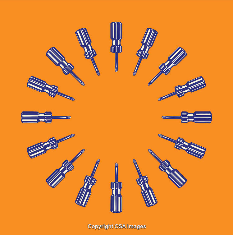 Circular Arrangement of Screwdrivers on Vibrant Orange Background