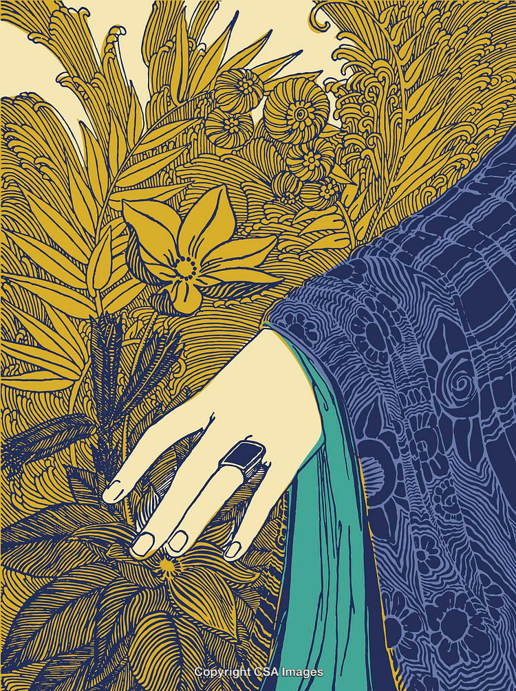 Elegant Hand with Ring Among Decorative Floral Motifs in Color Line Art
