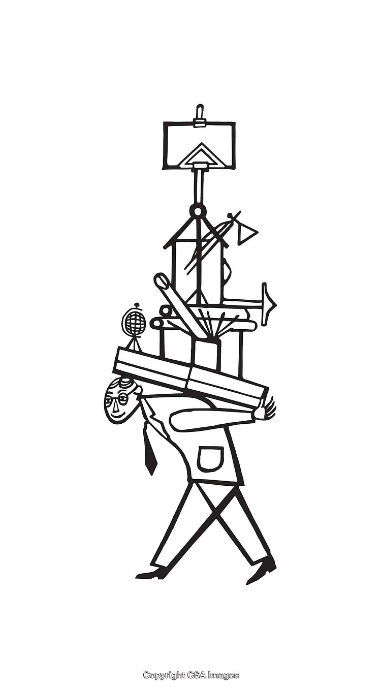 Black And White Line Art of Overloaded Person Carrying Objects