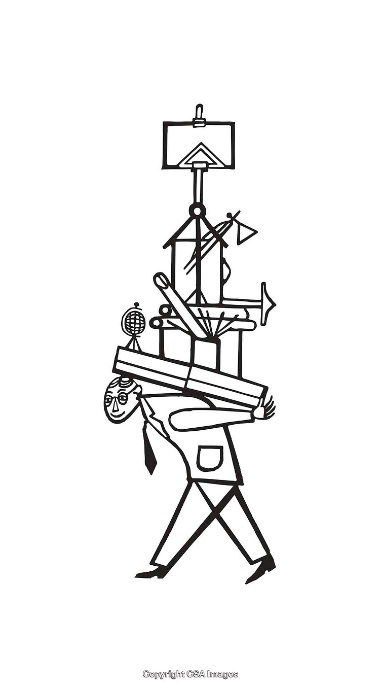Black And White Line Art of Overloaded Person Carrying Objects