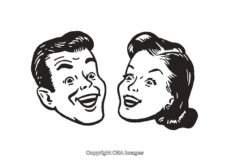 Retro Black and White Illustration of a Smiling Man and Woman