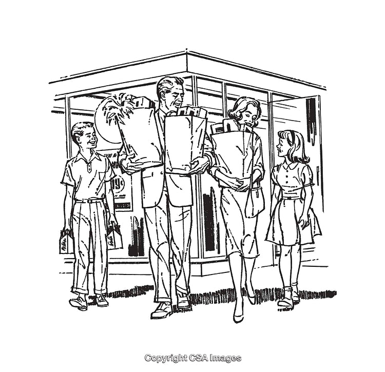 Vintage Black and White Line Art of a Family Grocery Shopping Trip