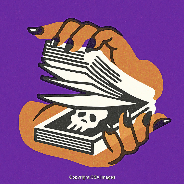 Stylized Hand Holding an Open Book with a Skull Design