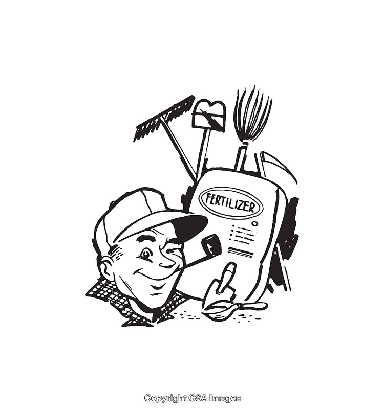 Retro Black And White Line Art Depicting Gardening Tools and Fertilizer