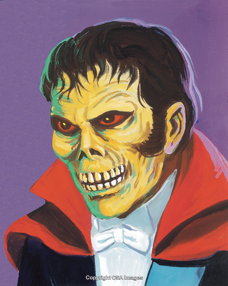 Illustration of a Vampire Skeleton with Glowing Yellow Skull and Red Eyes