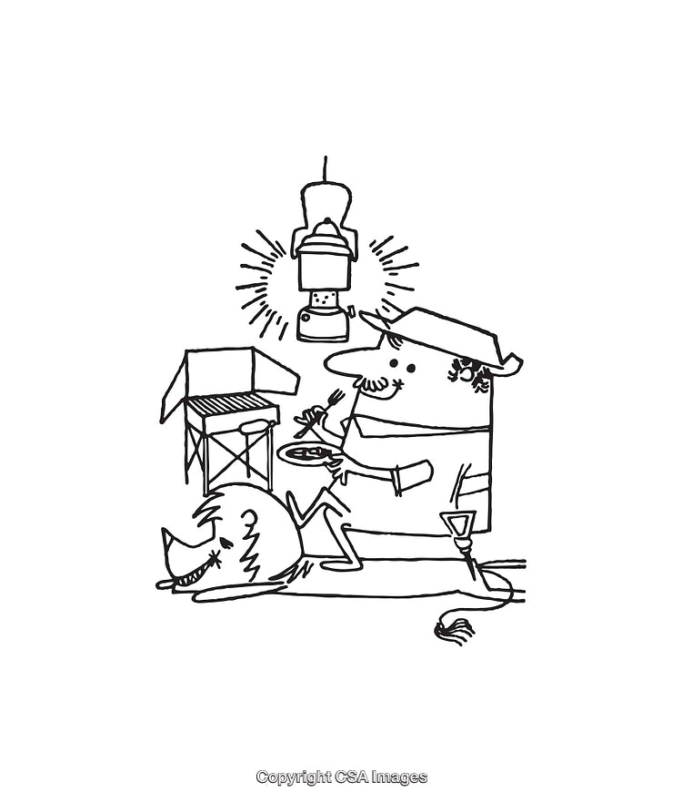 Illustration of Camping Scene with People and Lantern in Black and White