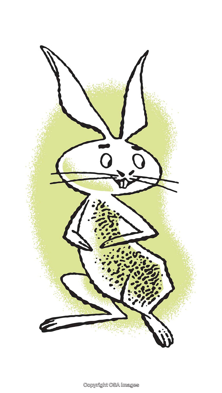 Whimsical Cartoon Rabbit Drawing on Bright Green Background