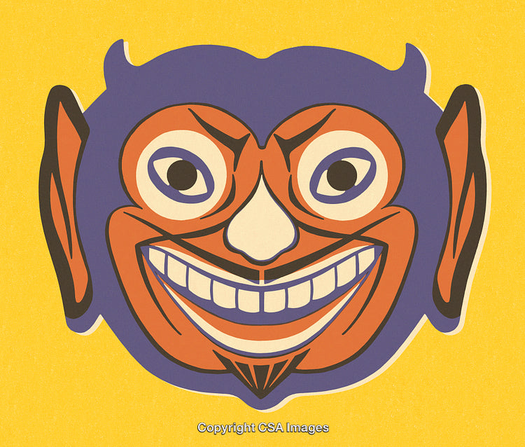 Vibrant Cartoonish Illustration of a Mischievous Grinning Face on Yellow Background
