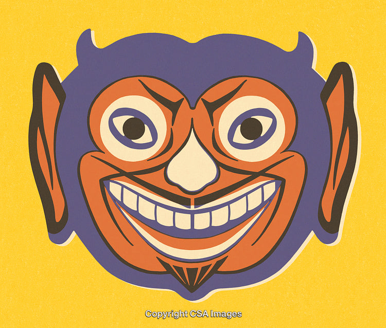 Vibrant Cartoonish Illustration of a Mischievous Grinning Face on Yellow Background