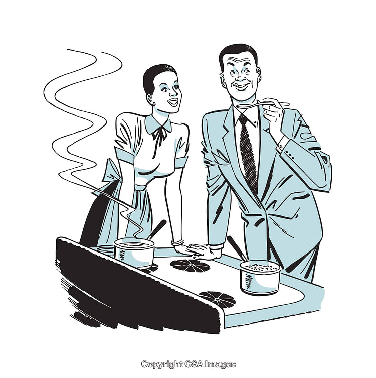 Vintage Illustration of a Couple Cooking Together in the Kitchen