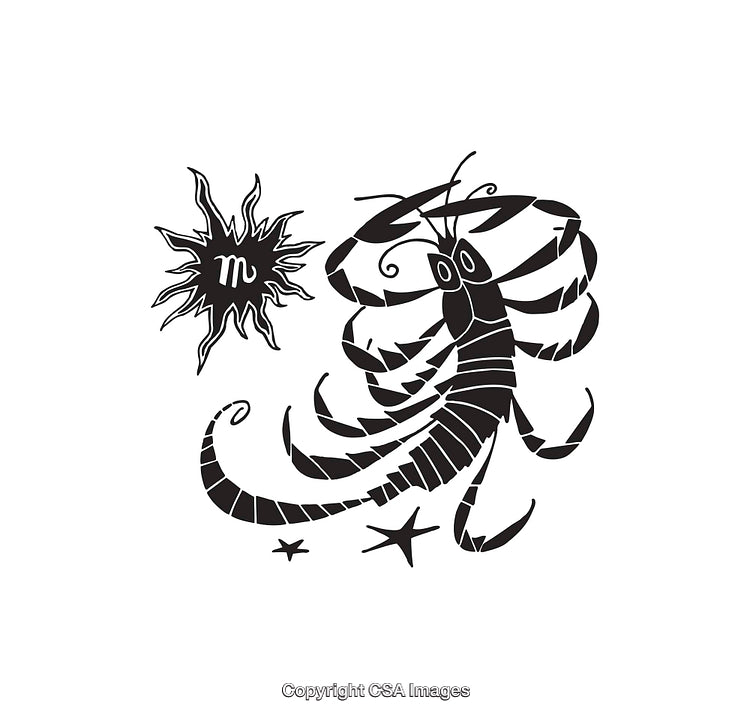 Black and White Scorpion Illustration with Astrology Symbol
