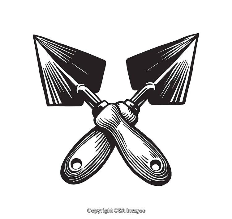 Pair of Crossed Trowels in Black and White Line Art Illustration