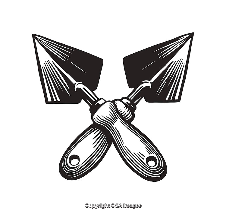 Pair of Crossed Trowels in Black and White Line Art Illustration