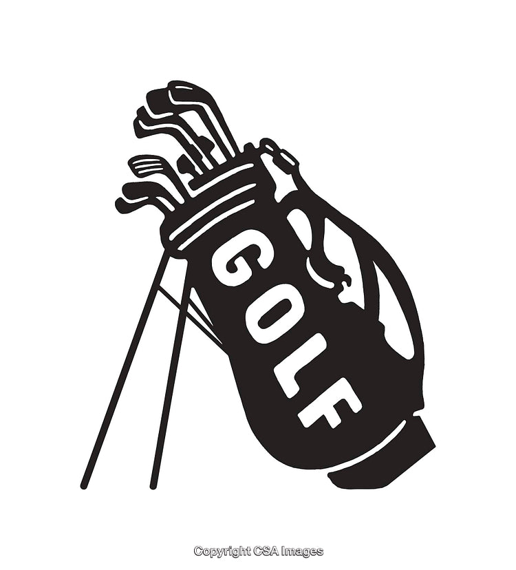 Black and White Illustration of a Golf Bag with Clubs