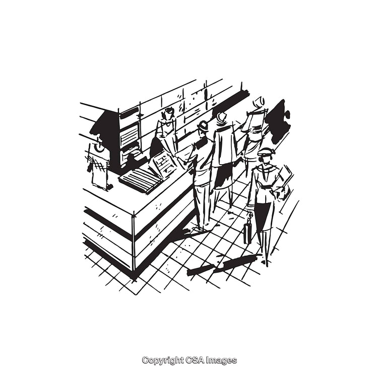Business Professionals Interacting at a Service Counter in Line Art Style